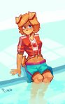 5_fingers anthro bent_legs blue_eyes bottomwear breasts brown_nose clothed clothing female fingers fluffy fur hair jacket knock-kneed legs_in_water legs_over_edge legs_together looking_at_viewer midriff navel open_clothing open_jacket open_topwear over_edge partially_submerged short_hair shorts sitting smile soaking_feet solo submerged_legs tan_body tan_fur topwear water pingpenne amber_(ping-ether) canid canine canis domestic_dog mammal 2020 hi_res portrait three-quarter_portrait