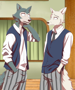 anthro cheek_tuft clothing detailed_background duo facial_scar facial_tuft fur hand_behind_neck hand_in_pocket male male/male multicolored_body multicolored_fur necktie pockets scar school_uniform shaved standing tail tuft undercoat uniform white_body white_fur tommysamash beastars legoshi_(beastars) canid canine canis mammal wolf digital_media_(artwork) hi_res