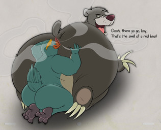 3_toes 4_fingers anal anthro beak_in_ass big_butt butt dialogue duo eyebrows eyes_closed feathers feet fingers fur green_body green_feathers grey_body grey_fur half-closed_eyes hand_on_butt looking_pleasured male male/male musk musky_butt narrowed_eyes nude open_mouth open_smile oral raised_eyebrow rear_view rimming sex smile sniffing sound_effects tail tail_tuft talking_to_another talking_to_partner tan_body tan_feathers text toe_wiggle toes tuft bastardpalace the_jungle_book baloo avian bear bird mammal penguin english_text hi_res