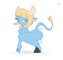 anthro blonde_hair blue_body blue_eyes breasts butt female hair hooves horn motion_lines narrowed_eyes nude purple_nose side_view solo tail twerking bingbingo faun hi_res signature watermark