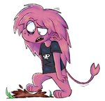 ambiguous_gender anthro bottomless clothed clothing ear_piercing ear_ring feet hair hindpaw paws piercing pink_body pink_hair ring_piercing shirt simple_background solo t-shirt topwear white_background spitthesauce unknown_species 2021 hi_res