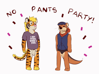 animal_genitalia anthro black_body black_fur black_stripes blonde_hair brown_body brown_fur clothing countershading duo fur genitals hair kerchief male male_focus mane mane_hair no_pants_party ocelli_(marking) orange_body orange_fur pantsless_male pink_nose sheath sleeveless_hoodie stripes tan_body tan_fur tongue tongue_out underwear white_body white_fur ventkazemaru otter_(ventkazemaru) roberty felid mammal mustelid otter pantherine tiger 2025 2_frame_animation 4:3 animated digital_media_(artwork) flat_colors loop