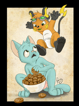 anthro blue_body blue_fur bottomwear bowl clothed clothing container cookie crouching duo eyewear eyewear_on_head fangs food fur glistening glistening_eyes gloves_(marking) goggles goggles_on_head green_eyes head_tuft holding_bowl holding_container holding_cookie holding_food holding_object leg_markings male markings narrowed_eyes open_mouth orange_body orange_fur pink_bottomwear pink_clothing simple_background socks_(marking) teeth topless tuft white_body white_bottomwear white_clothing white_fur young young_anthro young_male pandapaco nintendo pokemon domestic_cat felid feline felis generation_1_pokemon mammal pokemon_(species) raichu