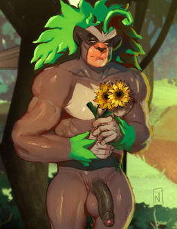anthro balls biceps flower foreskin fur genitals hair half-closed_eyes half-erect holding_object holding_sunflower humanoid_genitalia humanoid_penis looking_at_viewer male muscular muscular_anthro muscular_male narrowed_eyes nude outdoor_nudity outside partially_retracted_foreskin pecs penis plant solo standing sunflower tree vein veiny_penis nevets nintendo pokemon generation_8_pokemon mammal pokemon_(species) primate rillaboom digital_media_(artwork) hi_res
