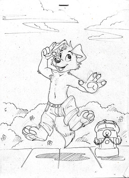 anthro arm_tuft bottomwear cheek_tuft chest_tuft clothed clothing cloud elbow_tuft facial_tuft floppy_ears front_view happy head_tuft jumping looking_up male navel open_mouth open_smile outside pants pawpads smile solo topless tuft young young_anthro young_male pandapaco canid canine canis domestic_dog mammal monochrome sketch