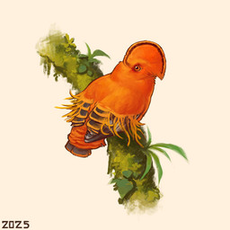 black_wings branch feathers feral moss on_branch orange_body orange_eyes orange_feathers plant simple_background solo white_background wings alexpahomov avian bird cock-of-the-rock cotingid guianan_cock-of-the-rock new_world_suboscine passerine suboscine 1:1 2025 digital_media_(artwork) digital_painting_(artwork) painting_(artwork)