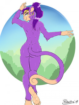 anthro barefoot butt ear_piercing ear_ring feet female fur hair half-closed_eyes head_turned hoop_ear_ring looking_at_viewer looking_back narrowed_eyes nude piercing purple_body purple_fur purple_hair rear_view ring_piercing smile smiling_at_viewer solo standing teeth marcushunter shantae_(series) wayforward shantae shantae_(monkey_form) haplorhine mammal monkey primate 2019 3:4 hi_res signature