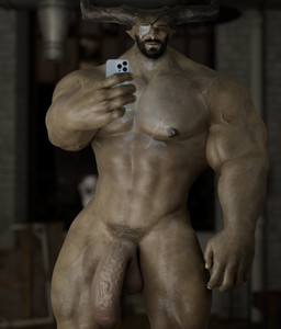 2_horns abs balls beard biceps black_beard black_facial_hair cellphone chest_scar electronics eye_patch eyewear facial_hair front_view genitals holding_object holding_phone horn humanoid_genitalia humanoid_penis looking_at_viewer male muscular muscular_humanoid muscular_male nipples nude nude_humanoid nude_male pecs penis phone pubes scar smartphone smile solo triceps vein veiny_muscles veiny_penis voluox apple_inc. bioware dragon_age electronic_arts iphone iron_bull humanoid qunari 3d_(artwork) digital_media_(artwork) hi_res portrait three-quarter_portrait