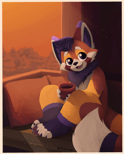 anthro cheek_tuft claws container cup detailed_background facial_tuft hair holding_object looking_at_viewer male neck_tuft open_mouth pawpads pillow plant pointy_ears sitting solo tongue tree tuft whiskers aki_red_panda archer_(archeremberpelt) ailurid mammal red_panda absurd_res hi_res signature