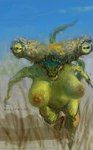 belly big_eyes biped breasts clothed clothing female fisheye_lens grass_field green_sclera horizontal_pupils looking_at_viewer many_teeth not_furry nude open_mouth pupils sharp_teeth simple_background solo tail teeth thick_thighs topless deepmouf monster unknown_species hi_res