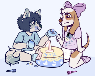 ambiguous_gender anthro bow_tie cake clean_diaper clothed clothing cutlery dessert diaper dipstick_ears dipstick_tail duo ear_markings food fork fur hair kitchen_utensils markings multicolored_ears shirt simple_background sitting smile tail tail_markings tools topwear wearing_diaper young young_anthro monsterbunny gally_(monsterbunny) canid canine canis domestic_dog mammal 2017 archived_source digital_drawing_(artwork) digital_media_(artwork)