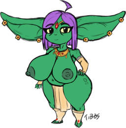 armwear big_breasts black_eyes breasts clothing female green_body hair lingerie purple_hair shortstack solo thick_thighs tibbs goblin absurd_res hi_res