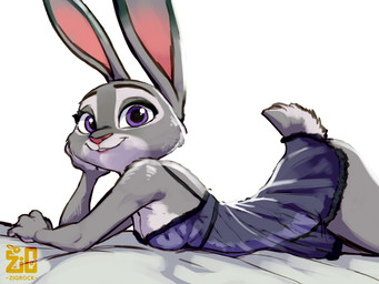 anthro bed bed_sheet bedding bottomless bottomless_anthro bottomless_female breasts cleavage clothed clothing dipstick_ears dipstick_tail dress ear_markings female furniture logo markings multicolored_body multicolored_ears on_bed side_butt solo tail tail_markings text translucent translucent_clothing translucent_dress zigrock001 disney zootopia judy_hopps european_rabbit lagomorph leporid mammal oryctolagus rabbit 4:3 artist_logo artist_name