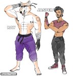 accessory anthro arm_tattoo athletic athletic_male bandage beard black_nipples bottomwear brown_body brown_skin cargo_pants clothed clothing crop_top duo facial_hair fingerless_gloves footwear gloves hair half_clothed handwear headband japanese jewelry male martial_arts_uniform muscular muscular_anthro muscular_male necklace nipples no_shoes pants pubes shirt shoes simple_background sneakers sportswear tattoo text topless topless_male topwear wavy_hair white_background depictionexpress jasper_(depictionexpress) ray_(depictionexpress) canid canine canis domestic_dog human mammal shiba_inu spitz 1:1 absurd_res concept_art english_text hi_res