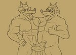 anthro balls bodily_fluids brother_(lore) brothers_(lore) canid canine canis clothing disney ducktales ducktales_(2017) duo eyewear genital_fluids genitals gesture glasses hack_smashnikov hand_behind_back hand_gesture headgear headwear incest_(lore) looking_at_viewer male male/male mammal monochrome muscular muscular_male nude overweight overweight_male penis penises_crossing pique_raj precum precum_on_penis sharp_teeth sibling_(lore) slash_smashnikov slightly_chubby teeth thumbs_up tongue wolf yellow_and_black