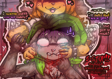 antennae_(anatomy) anthro asphyxiation blood blood_from_mouth blood_in_mouth bloodshot_eyes blush bodily_fluids bottomwear choking clentched_teeth clothed clothing death dialogue dominant dominant_female duo dying fangs female fingers front_view frown fur garrote glistening glistening_body glowing gore gore_focus grabbing_face hair killing male male/female nude open_mouth piercing scared scowl simple_background smile snuff speech_bubble standing strangling submissive submissive_male tears teeth text tongue topwear tuft weapon wings yellow_body khalfy_kun rebekah_(khalfy_kun) arthropod bee domestic_cat felid feline felis hymenopteran insect maine_coon mammal absurd_res hi_res
