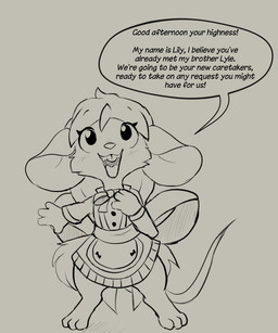 anthro big_eyes bow_tie breasts buckteeth clothed clothing dress female hair introducing_another introducing_self introduction jewelry long_hair looking_at_another looking_up looking_up_at_another maid_uniform micro mouse_tail necklace paws servant small_breasts solo tail teeth text uniform muhny lily_(muhny) mammal mouse murid murine rodent english_text monochrome