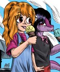 2024 accessory anthro banco black_hair blue_sky cavemanon_studios child claire_(snoot_game) clothing dessert detailed_background digital_drawing_(artwork) digital_media_(artwork) dinosaur dress duo female food hadrosaurid hair hair_accessory hairpin hi_res human ice_cream ice_cream_cone licking licking_ice_cream light-skinned_female light_body light_skin long_tail mammal megan_(snoot_game) multicolored_body multicolored_scales orange_hair ornithischian ornithopod outside parasaurolophus pink_eyes prehistoric_species purple_body purple_scales red_eyes reptile scales scalie sky smile snoot_game snout tail tongue tongue_out two_tone_body two_tone_scales young young_anthro young_female young_human