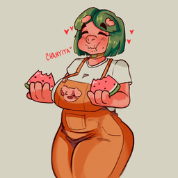anthro big_breasts breasts clothing eating eyelashes eyes_closed female food fruit green_hair grey_background hair happy melon orange_clothing orange_overalls overalls pink_body plant shirt simple_background solo thick_thighs topwear watermelon white_clothing white_shirt white_topwear wide_hips hangedc domestic_pig mammal suid suine sus_(pig) 1:1