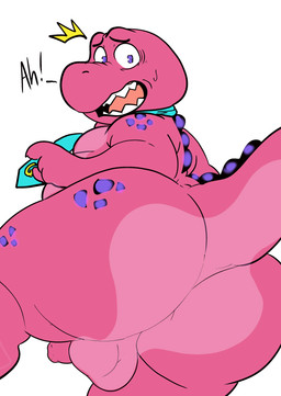 accessory anthro anus backsack balls belly big_butt butt embarrassed genitals male moobs necktie overweight penis purple_body purple_scales scales solo rinhatsuyuki gameoverse glitch_productions gobbles_(gameoverse) dinosaur prehistoric_species reptile scalie absurd_res hi_res