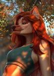 anthro blue_clothing blue_topwear blurred_background brown_body brown_fur closed_smile clothed clothing eyelashes female fur glistening glistening_eyes hair long_hair midriff mouth_closed narrowed_eyes navel orange_eyes outside plant red_hair slight_smile smile solo tan_body tan_fur topwear tree marie_merkh hera_(hera) canid canine canis domestic_dog german_shepherd herding_dog mammal pastoral_dog absurd_res artist_name half-length_portrait hi_res portrait