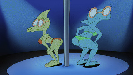 anthro barefoot bikini bikini_bottom_removed bikini_top_removed breasts butt butt_cleavage clothing covering covering_breasts duo eyelashes eyewear feet female freckled_butt freckles goggles mooning navel nude pole smile strip_club stripper_pole striptease swimming_goggles swimwear twerking two-piece_swimsuit undressing y_shaped_butt_crack rockosedits dinosaur fish ground_shark hammerhead_shark marine prehistoric_species reptile scalie shark 16:9 animated widescreen