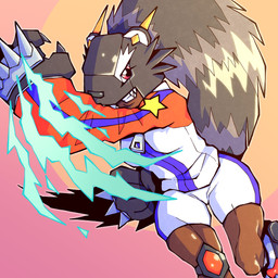 bottomwear claws clothing dark_body dark_skin female grin paws raccoon_tail_hair red_eyes sharp_teeth shorts smile solo teeth sanjuro_art bandai_namco digimon digimon_beatbreak bearcatmon binturong_humanoid digimon_(species) humanoid 1:1 absurd_res hi_res