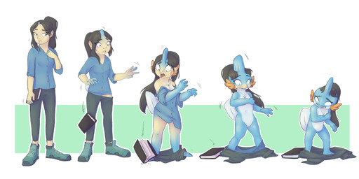 5_fingers anthro biped black_hair book bottomwear breasts clothed clothing countershading covering covering_breasts covering_self eyebrows featureless_crotch female fingers footwear fully_clothed hair human_to_anthro jewelry necklace open_mouth oversized_clothing pants shirt shoes shrinking simple_background size_transformation solo species_transformation surprised topwear transformation fauvfox nintendo pokemon generation_3_pokemon human mammal mudkip pokemon_(species) 2018 absurd_res digital_media_(artwork) hi_res shaded