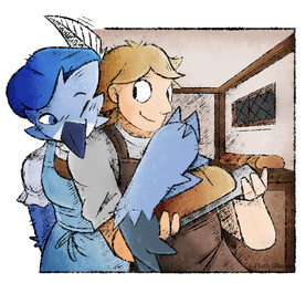 anthro apron arm_over_shoulder beak beret blonde_hair blue_eyes bread clothing duo female food hair hat hat_feather headgear headwear holding_food holding_object looking_at_another loose_feather male male/female one_eye_closed romantic romantic_couple smile window wink fluffylilllama a'nikke_(reckfulabandon) avian bird bluebird human mammal oscine passerine thrush_(bird)