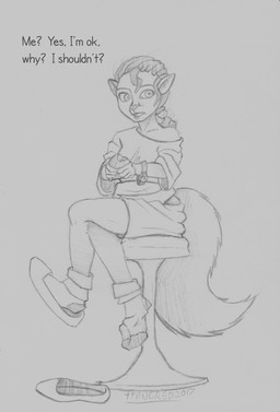 braided_hair clock clothed clothing dialogue eating food footwear furniture hair holding_food holding_object loose_footwear oblivious off_shoulder oversized_clothing ponytail shoe_dangle shrinking simple_background sitting size_transformation socks solo species_transformation stool text transformation unaware_transformation watch tfancred mammal rodent sciurid tree_squirrel 2017 absurd_res english_text hi_res monochrome signature traditional_media_(artwork)
