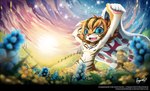 anthro blonde_hair blue_eyes blue_flower brown_markings cloud detailed english_text fangs felid feline fence flag flower fur glistening glistening_eyes hair happy holding_flag holding_object leopardus looking_at_viewer male mammal markings meadow nude ocelot open_mouth open_smile orange_nose outside pawpads penguinexperience pink_pawpads plant pupils signature sky slit_pupils smile solo standing striped_markings striped_tail stripes tail tail_markings teeth text theliel_(kogitsune) url whiskers white_body white_fur yellow_body yellow_flower yellow_fur