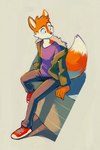 anthro bottomwear building car clothing female fur hoodie looking_back multicolored_body multicolored_fur pants purple_clothing purple_shirt purple_topwear shirt sitting solo topwear vehicle ducky_(artist) canid canine fox mammal 2022 hi_res