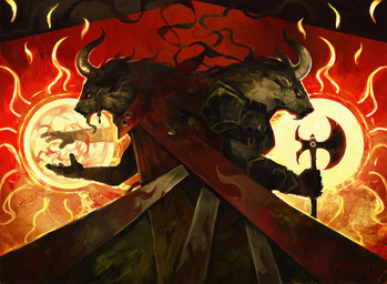 anthro armor axe cape clothing duo female fur holding_axe holding_object horn jewelry magic male red_background side_view simple_background dominik_mayer hasbro magic:_the_gathering wizards_of_the_coast bovid mammal hi_res official_art