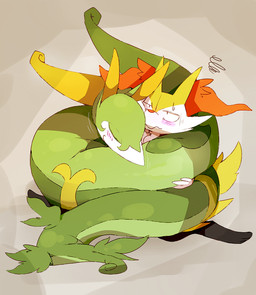 ambiguous_gender anthro blush coiling duo feral serpentine smile winte nintendo pokemon braixen canid canine generation_5_pokemon generation_6_pokemon mammal pokemon_(species) reptile scalie serperior 2015 hi_res