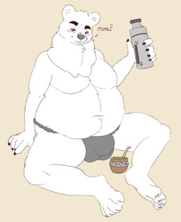 anthro balls_outline belly big_belly blush bottle bottomwear brown_eyes bulge clothed clothing container detailed_bulge front_view fur genital_outline glistening glistening_eyes grey_bottomwear grey_clothing holding_bottle holding_container holding_object looking_at_viewer male male_anthro moobs navel overweight overweight_anthro overweight_male penis_outline simple_background sitting solo tan_background topless white_body white_fur hardscales bear mammal polar_bear ursine hi_res