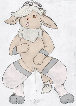 accessory after_masturbation anthro anthrofied armband biped black_nose blush bodily_fluids bow_(feature) bow_accessory bow_ribbon brown_eyes brown_nose clothing ears_down female footwear furgonomics genital_fluids genitals hat headgear headwear legwear one_eye_closed open_mouth pivoted_ears pokemorph ribbons simple_background socks solo standing stockings tail tail_accessory tail_bow tail_ribbon tongue tongue_out vaginal vaginal_fluids vaginal_fluids_on_ground vulva white_background unknown_artist nintendo pokemon canid canine eevee generation_1_pokemon mammal pokemon_(species) hi_res