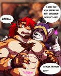 abs barazoku biceps fur hair male male/male muscular muscular_male nipples pecs speech_bubble text womb_tattoo drks baseball_tiger redick arctic_fox canid canine felid fox mammal pantherine tiger true_fox absurd_res english_text hi_res