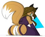 anthro anus black_ears breasts brown_hair clothing eyewear female fur genitals glasses green_eyes hair looking_back markings multicolored_body multicolored_fur orange_body orange_fur orange_tail purple_clothing pussy solo tail tail_markings two_tone_body two_tone_fur two_tone_tail white_body white_fur white_tail dogfluid cassie_(foxydude) canid canine fox mammal 2018