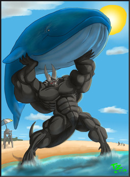 anthro beach big_muscles horn huge_muscles hyper hyper_muscles lifting_another male muscular muscular_male pecs red_eyes white_horn tyrannozilla mythology emotioncreator_(character) aquatic cetacean dragon mammal mythological_creature mythological_scalie scalie whale 2014 hi_res