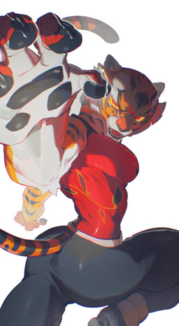 anthro athletic athletic_female big_breasts black_pawpads breasts butt butt_pose claws clothed clothing female finger_claws fur glowing glowing_eyes hand_focus looking_at_viewer looking_back looking_back_at_viewer muscular muscular_female one_leg_up open_mouth orange_body orange_fur pawpads pose raised_leg rear_view simple_background small_waist solo standing striped_body striped_fur stripes tail thick_thighs tight_clothing white_background yellow_sclera majinbanzai dreamworks kung_fu_panda master_tigress felid mammal pantherine tiger 2025 absurd_res digital_media_(artwork) hi_res