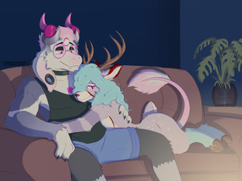 3_eyes anthro antlers blue_hair blush butt cuddling detailed_background duo eyewear fur furniture glasses grey_body grey_fur hair heart_symbol hearts_around_text hooves horn long_tail male male/male multi_eye nude piercing pink_eyes pink_hair plant romantic romantic_couple smile sofa tail teeth wearing_glasses white_body white_fur darkolynx sartikk valkoinen_2.0_(character) american_opossum bovid caprine deer felid goat mammal marsupial new_world_deer white-tailed_deer digital_media_(artwork) hi_res