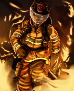 anthro armor boots burning_building clothing embers fire firefighter firefighter_boots firefighter_helmet footwear front_view gloves handwear headgear helmet male shoes solo turnout_gear uniform worker working fox-die canid canine canis mammal wolf digital_media_(artwork) portrait three-quarter_portrait warm_colors