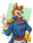 anthro blue_clothing blue_jacket blue_topwear clothing floppy_ears gloves handwear jacket male melee_weapon solo sword topwear weapon volktron_(artist) disney ducktales ducktales_(2017) talespin don_karnage canid canine canis mammal red_wolf wolf hi_res