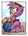 accessory anthro arched_back ball barefoot black_nose bracelet breasts butt clothed clothing feet female fur green_eyes hair headband humanoid_feet jewelry medium_breasts outside pink_body pink_fur pink_hair plantigrade side_boob smile soles solo swimwear three-quarter_view toes tongue tongue_out topless skinnbox sega sonic_the_hedgehog_(series) amy_rose eulipotyphlan hedgehog mammal hi_res