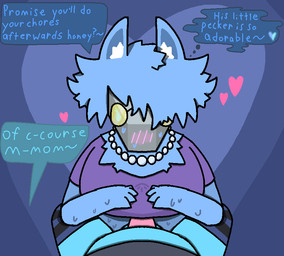 anthro big_breasts blue_body blue_fur blush bodily_fluids breast_play breasts clothed clothed_sex clothing dialogue duo eyewear female femboy first_person_view fur gem genitals glasses heart_reaction heart_symbol jewelry legwear machine male male/female necklace pearl_(gem) pearl_necklace penis sex speech_bubble sweat sweatdrop text thigh_highs thought_bubble titfuck titfuck_under_clothes jasonlurksalot jaed_(jasoncreates9) jason_(jasoncreates9) protogen english_text incest_(lore) mother_(lore) mother_and_child_(lore) mother_and_son_(lore) parent_(lore) parent_and_child_(lore) parent_and_son_(lore) son_(lore)
