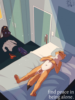 anthro backpack bed bed_sheet bedding bedroom belt black_nose bottomwear cabinet casual_nudity clothes_on_floor clothing collared_shirt detailed_background dipstick_tail discarded_clothing discarded_underwear door dress_shirt eyes_closed flaccid foreskin fur furniture genitals hand_on_chest logo lying male markings navel necktie nude_male on_back on_bed orange_body orange_fur pants paws penis pillow shirt slim_male solo tail tail_markings tan_body tan_fur text topwear underwear whisker_spots whiskers ventkazemaru canid canine fox mammal 2025 artist_logo artist_name dated english_text hi_res