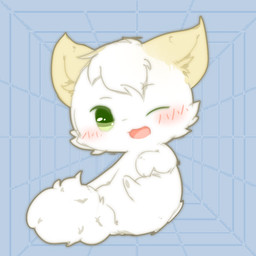 abstract_background ambiguous_gender blush chibi fur green_eyes kemono one_eye_closed open_mouth open_smile pink_tongue semi-anthro smile solo tongue white_body white_fur wink yellow_ears young deaic mammal 1:1 2017