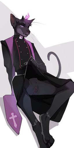 1_horn 5_fingers abstract_background andromorph andromorph_anthro ankle_markings anthro barefoot bedroom_eyes biped black_claws black_clothing black_horn blue_eyes bodily_fluids christian_cross christian_symbol claws clitoral_hood clitoris clothed clothed_andromorph clothed_anthro clothed_intersex clothing clothing_lift countershade_face countershade_feet countershade_fur countershade_hands countershade_neck countershade_tail countershading cross cute_fangs digitigrade eyebrows fangs feet finger_claws fingers fur genital_fluids genitals gradient_horn grey_background grey_body grey_countershading grey_eyebrows grey_fur grey_horn grey_inner_ear_fluff grey_markings grey_tuft head_tuft horn humanoid_genitalia humanoid_hands humanoid_vulva inner_ear_fluff intersex intersex_anthro leg_markings looking_at_viewer markings narrowed_eyes no_underwear one_fang partially_clothed partially_clothed_andromorph partially_clothed_anthro partially_clothed_intersex pose presenting presenting_vulva priest priest_robes purple_clitoral_hood purple_clitoris purple_clothing purple_nose purple_vulva religion religious_symbol seductive simple_background sitting slim slim_andromorph slim_anthro slim_intersex snout solo stole_(clothing) tail teeth toe_claws toes tuft vaginal_fluid_string vaginal_fluids vulva white_background white_sclera drmax christianity dungeons_and_dragons hasbro wizards_of_the_coast riddle_(tabaxienthusiast) felid feline mammal tabaxi absurd_res english_description full-length_portrait hi_res pinup portrait nonbinary_(lore)