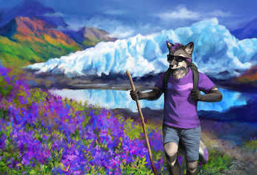 5_fingers anthro backpack black_nose bottomwear clothed clothing day detailed_background eyewear fingers flower fur grey_body grey_bottomwear grey_clothing grey_fur grey_shorts hiking humanoid_hands male mountain outside plant purple_body purple_clothing purple_fur purple_shirt purple_topwear shirt shorts solo sunglasses t-shirt tail topwear walking_stick water goldendruid mammal procyonid raccoon 2020 colorful_theme digital_media_(artwork) digital_painting_(artwork) painting_(artwork)