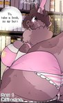 anthro big_breasts big_butt big_tail book bottomwear breasts brown_body brown_fur brown_hair butt clothing eyewear fangs female fluffy fur glasses hair horn huge_butt legwear librarian library mature_female neck_tuft overalls overweight panties pink_clothing pink_eyes pink_horn pink_panties pink_underwear skirt solo stockings tail teacher teeth text tuft underwear wide_hips thefluffyrey69 mythology sextember sunny_the_dragon dragon furred_dragon furred_scalie mammal mythological_creature mythological_scalie scalie absurd_res english_text hi_res